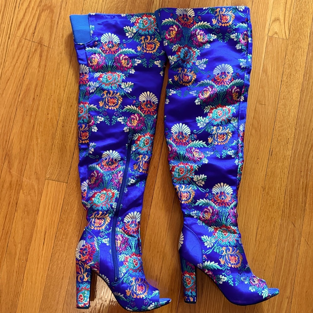 Thigh high blue fabric embroidered boots
